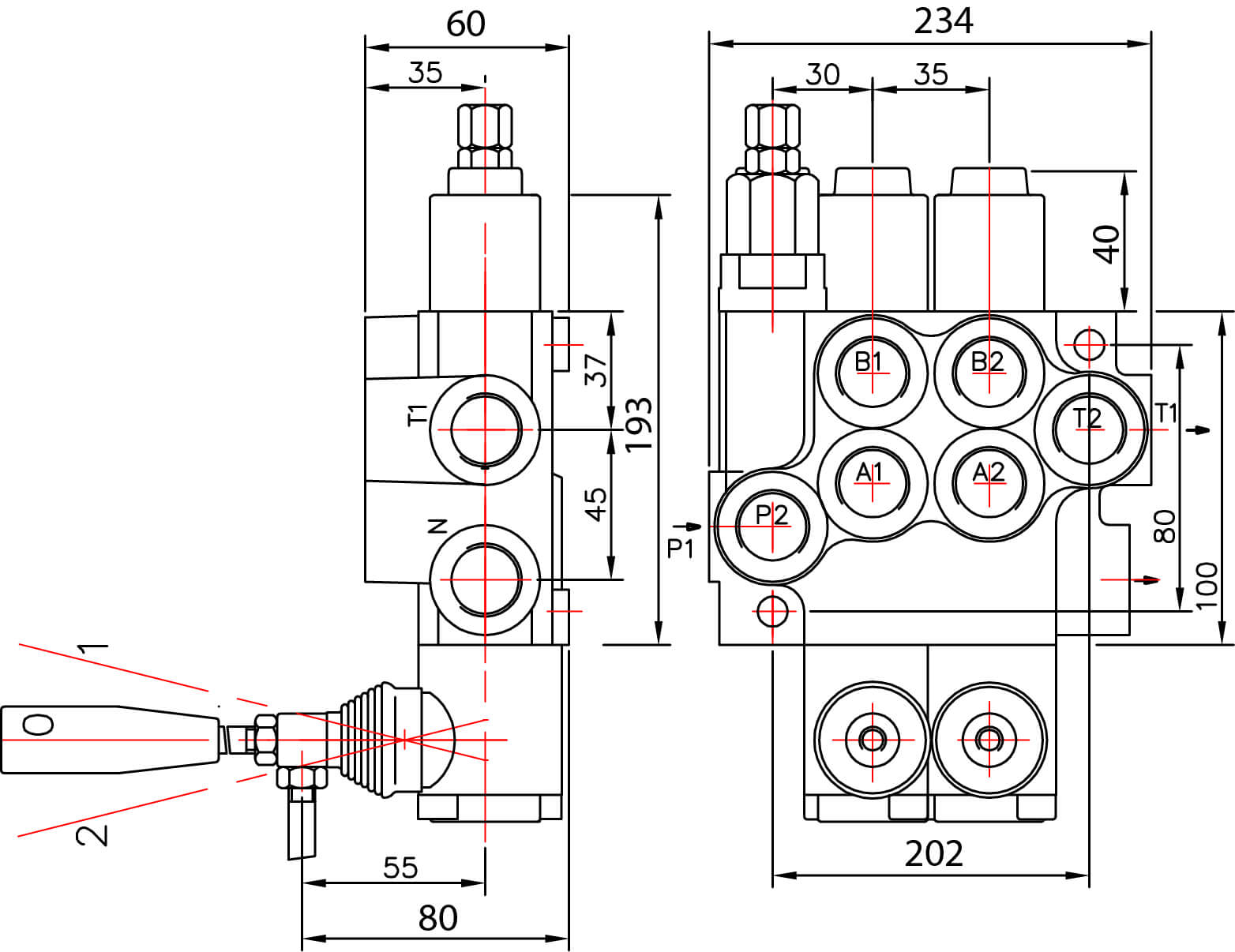 Schéma distributeur hydraulique 40l/min 1 double effet commande par levier